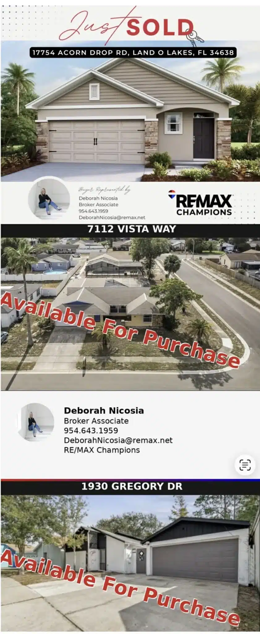 Deborah Nicosia Tampa Bay real estate market update showing sold home on Acorn Drop Rd and available listings on Vista Way and Gregory Dr
