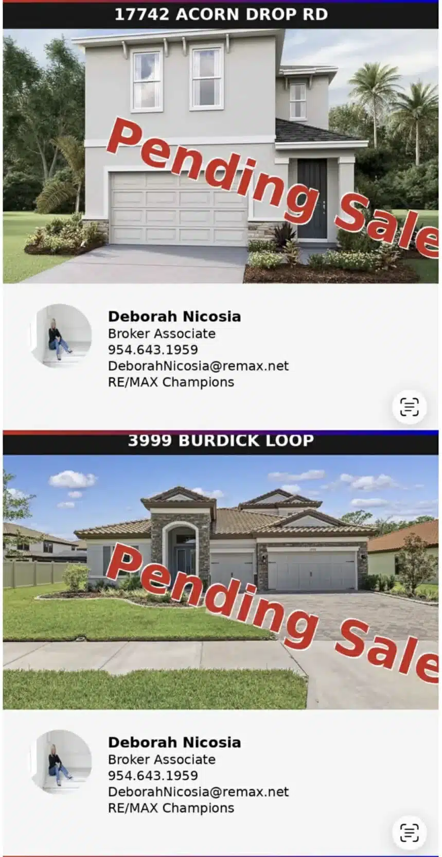 Deborah Nicosia Tampa Bay real estate pending sales at 17742 Acorn Drop Rd and 3999 Burdick Loop represented by RE/MAX Champions