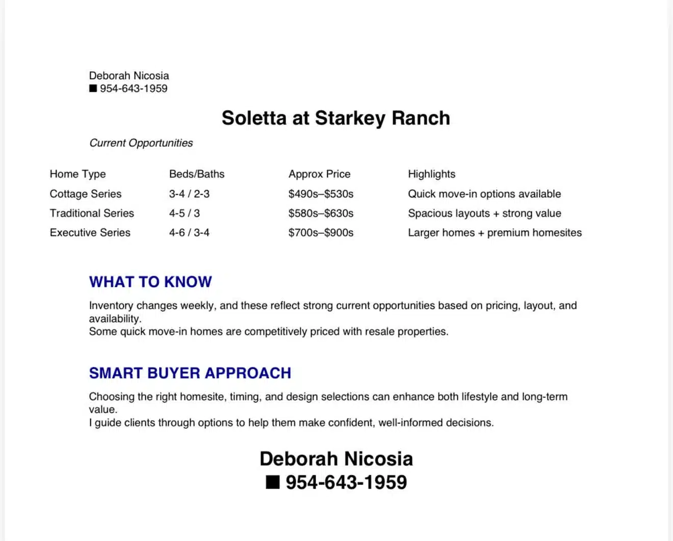 Soletta at Starkey Ranch new construction homes pricing chart showing cottage, traditional, and executive series with prices from $490s to $900s and quick move-in options